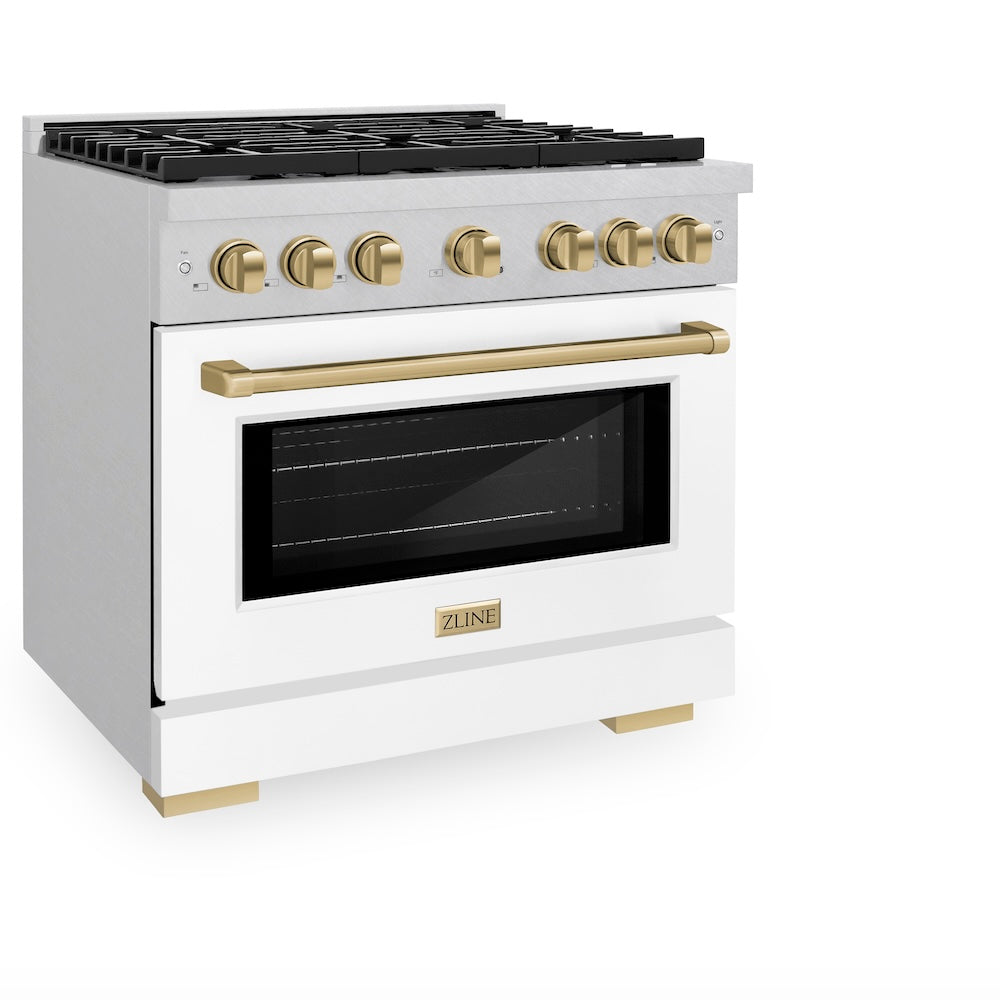 ZLINE Autograph Edition Paramount 36-inch range in satin stainless steel with white matte door and champagne bronze accents SDRSZ-WM-36-CB, view 5