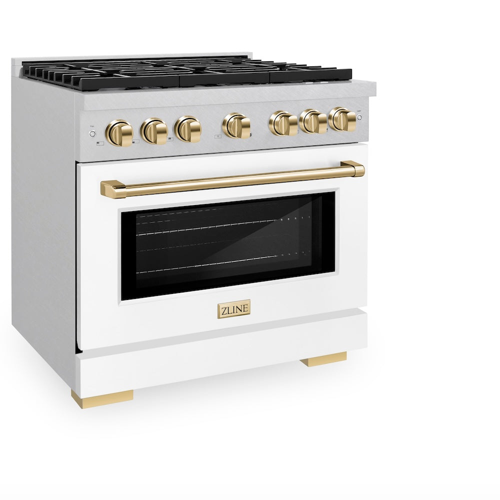 ZLINE Autograph Edition Paramount 36-inch range in satin stainless steel with white matte door and polished gold accents SDRSZ-WM-36-G, view 5