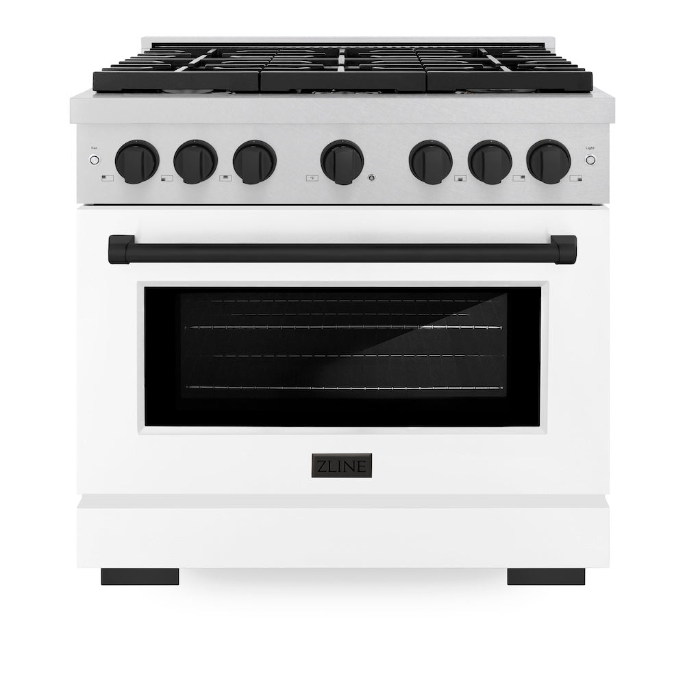 ZLINE Autograph Edition Paramount 36-inch range in satin stainless steel with white matte door and matte black accents SDRSZ-WM-36-MB, front view