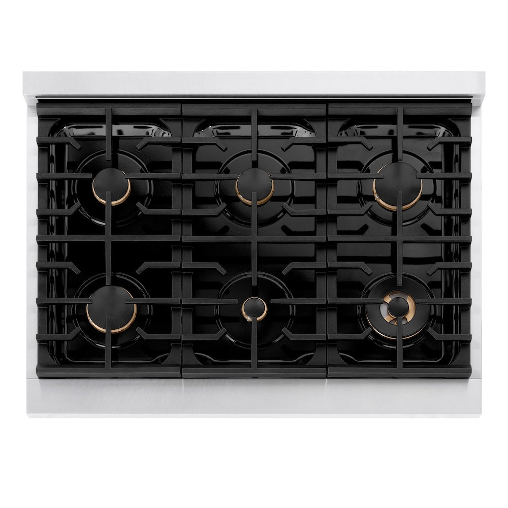 ZLINE Autograph Edition Paramount 36-inch range in satin stainless steel with white matte door and matte black accents SDRSZ-WM-36-MB, from above