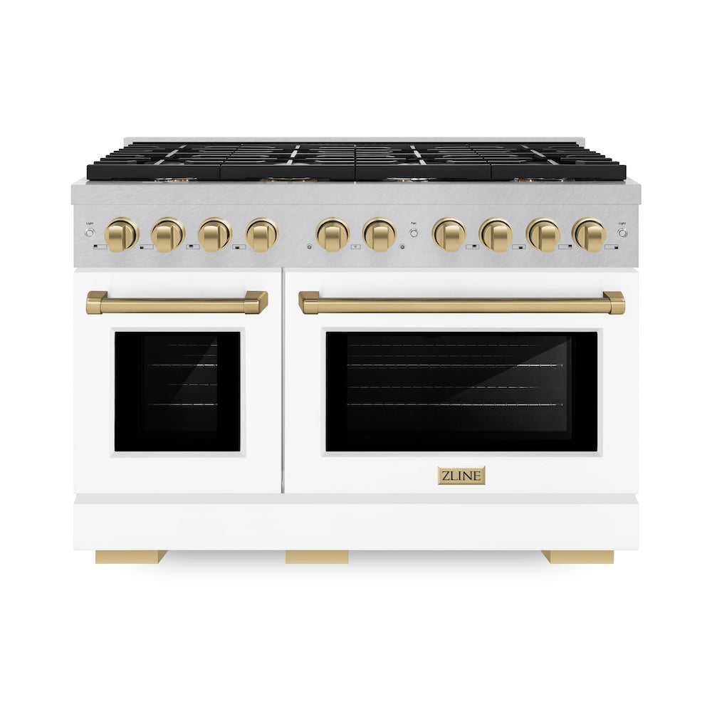 ZLINE Autograph Edition Paramount 48-inch range in satin stainless steel with white matte door and champagne bronze accents SDRSZ-WM-48-CB, front view