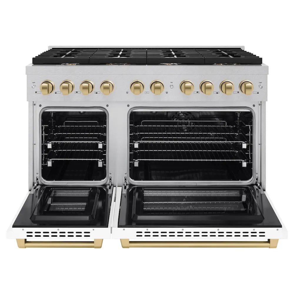 ZLINE Autograph Edition Paramount 48-inch range in satin stainless steel with white matte door and champagne bronze accents SDRSZ-WM-48-CB, front view