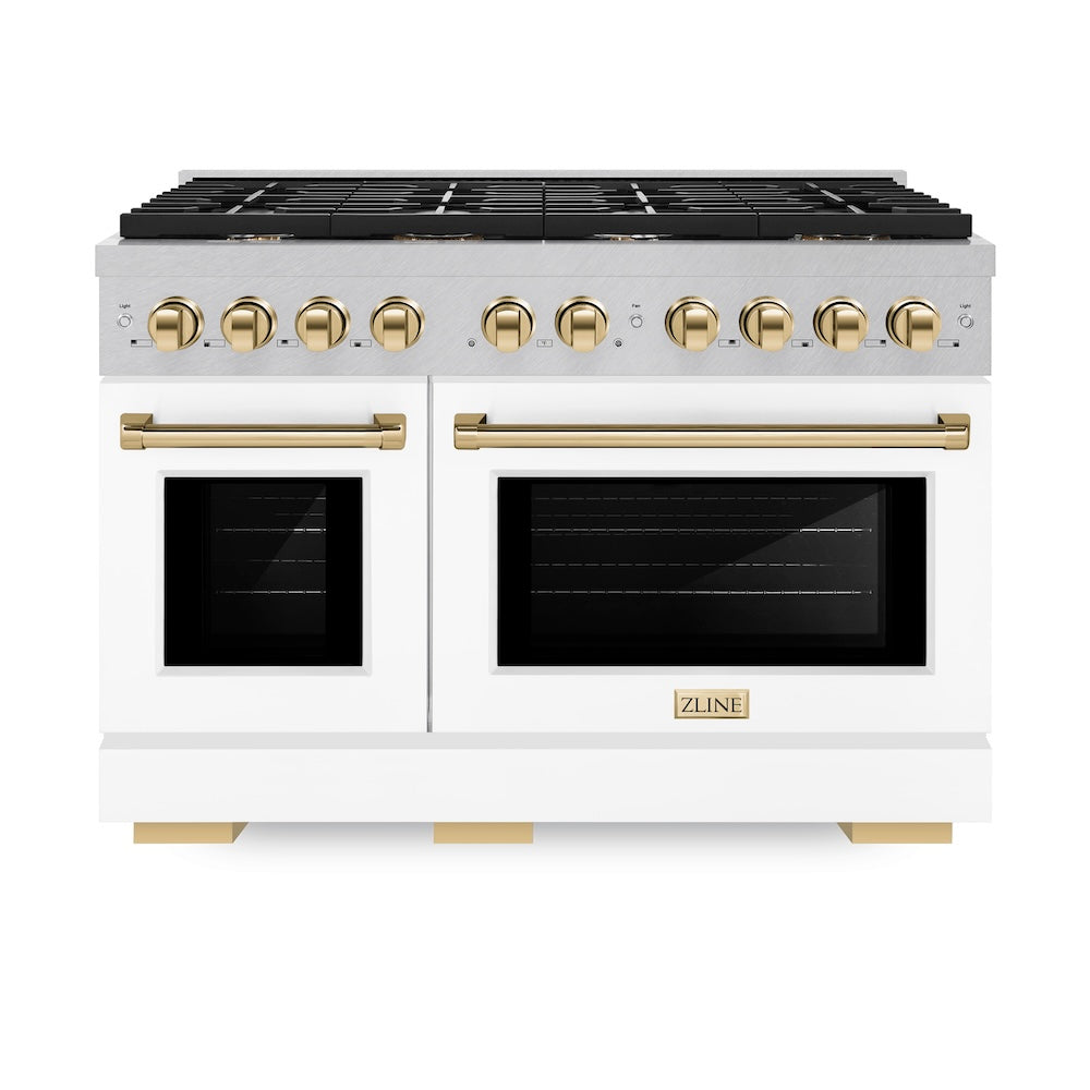 ZLINE Autograph Edition Paramount 48-inch range in satin stainless steel with white matte door and polished gold accents SDRSZ-WM-48-G, front view