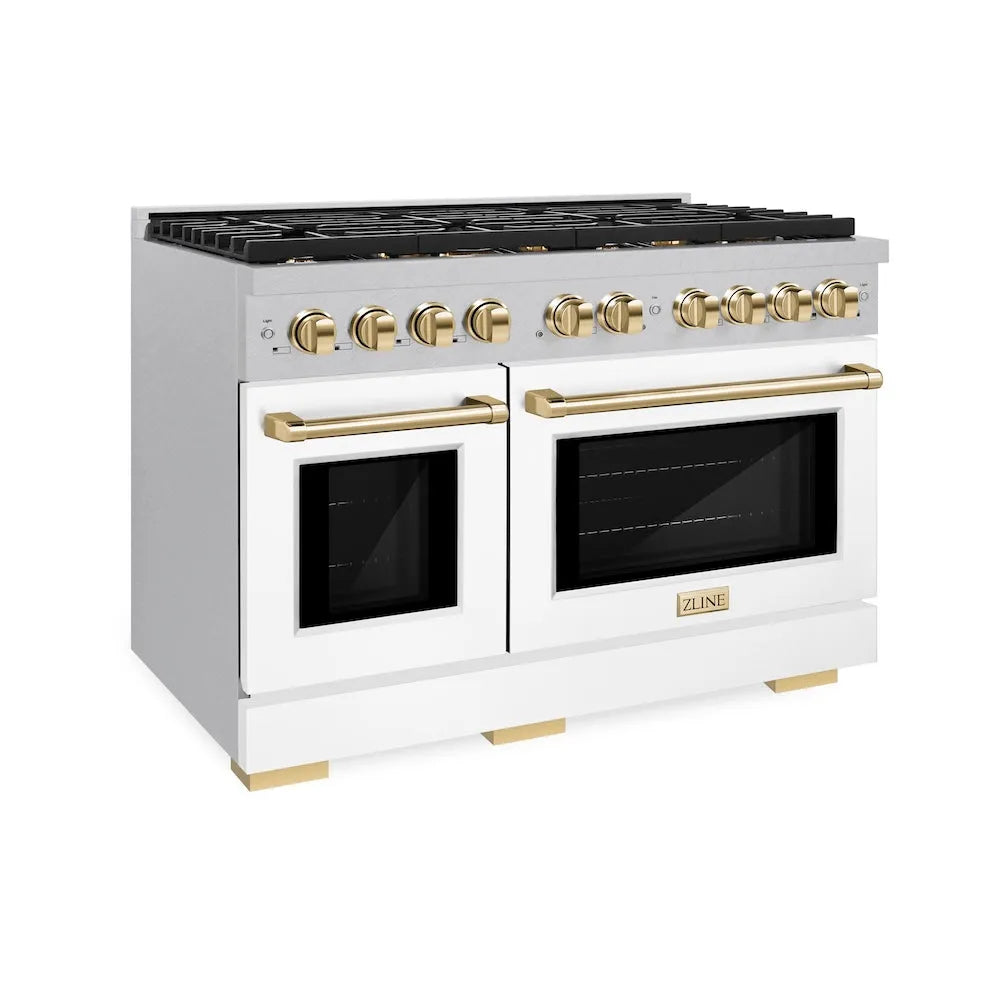 ZLINE Autograph Edition Paramount 48-inch range in satin stainless steel with white matte door and polished gold accents SDRSZ-WM-48-G
