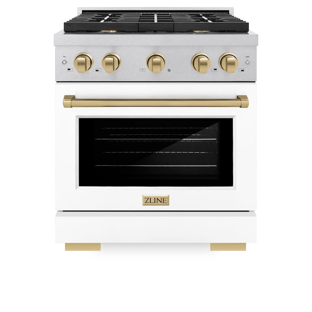 ZLINE Autograph Edition Paramount 30-inch range in satin stainless steel with white matte door and champagne bronze accents SGRSZ-WM-30-CB, front view