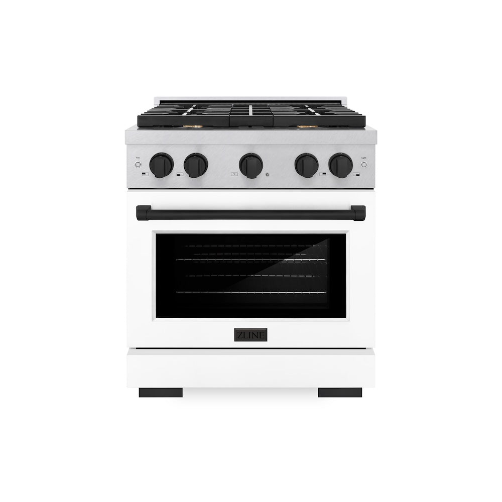 ZLINE Autograph Edition Paramount 30-inch range in satin stainless steel with white matte door and matte black accents SGRSZ-WM-30-MB, front view