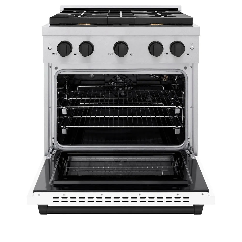 ZLINE Autograph Edition Paramount 30-inch range in satin stainless steel with white matte door and matte black accents SGRSZ-WM-30-MB, front view