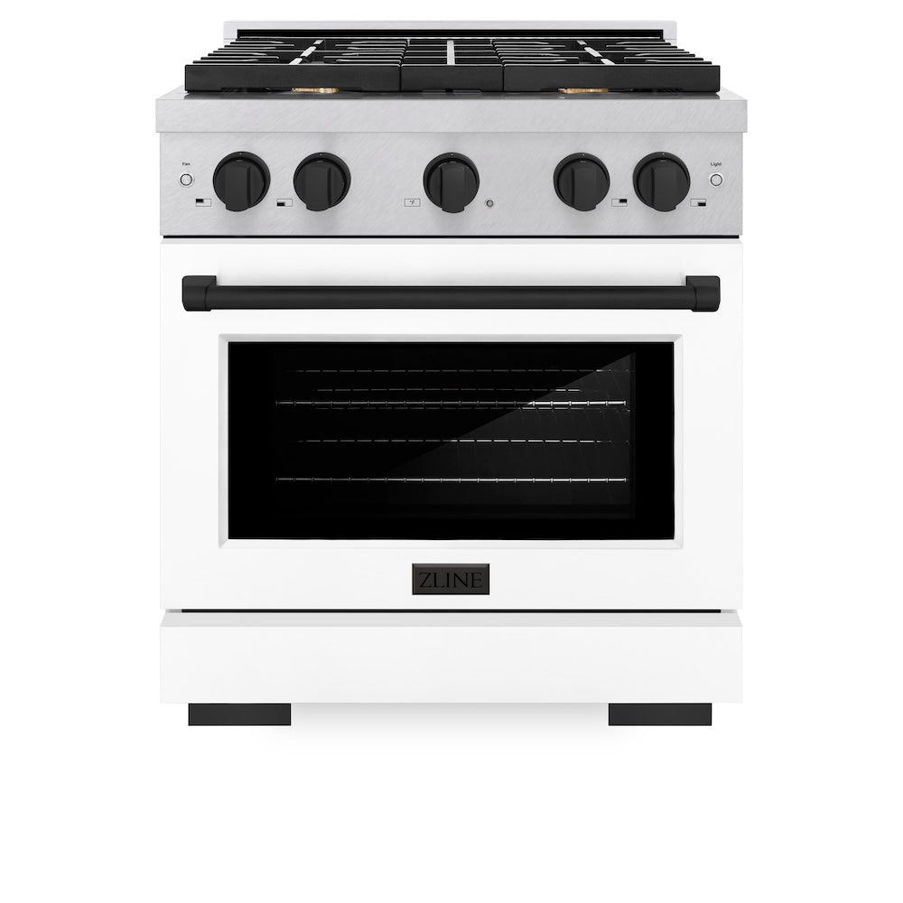 ZLINE Autograph Edition Paramount 30-inch range in satin stainless steel with white matte door and matte black accents SGRSZ-WM-30-MB, front view