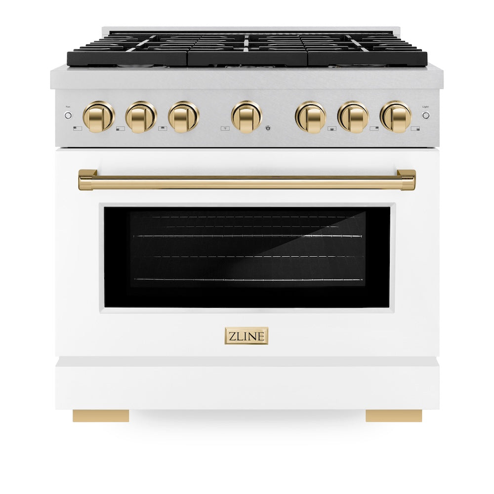 ZLINE Autograph Edition Paramount 36-inch range in satin stainless steel with white matte door and polished gold accents SGRSZ-WM-36-G, front view