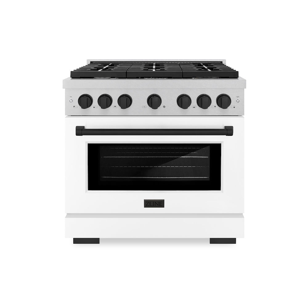 ZLINE Autograph Edition Paramount 36-inch range in satin stainless steel with white matte door and matte black accents SGRSZ-WM-36-MB, front view