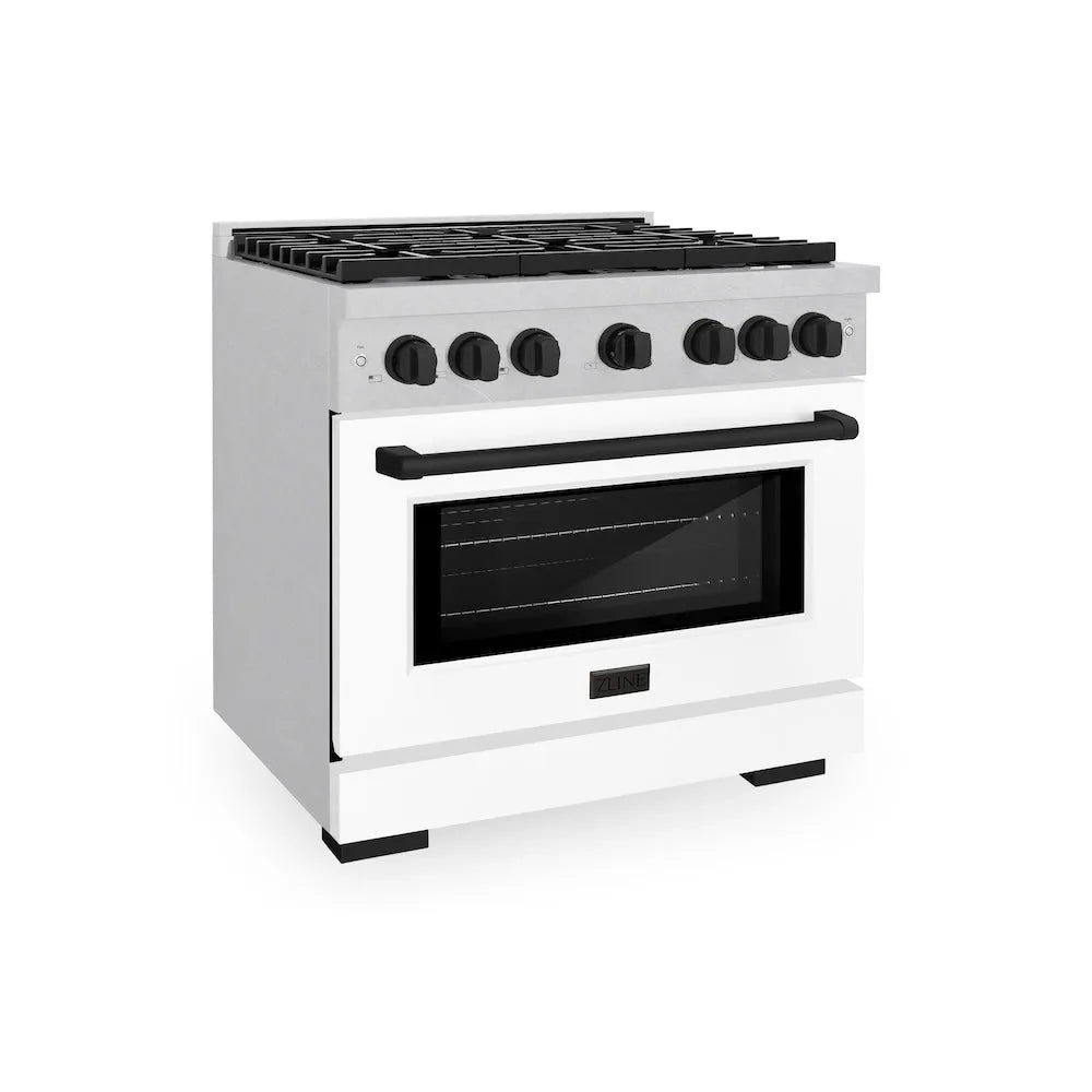ZLINE Autograph Edition Paramount 36-inch range in satin stainless steel with white matte door and matte black accents SGRSZ-WM-36-MB
