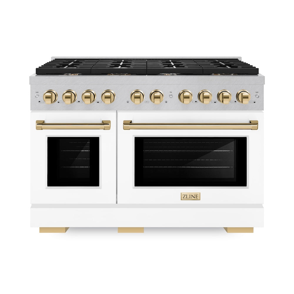 ZLINE Autograph Edition Paramount 48-inch range in satin stainless steel with white matte door and polished gold accents SGRSZ-WM-48-G, front view