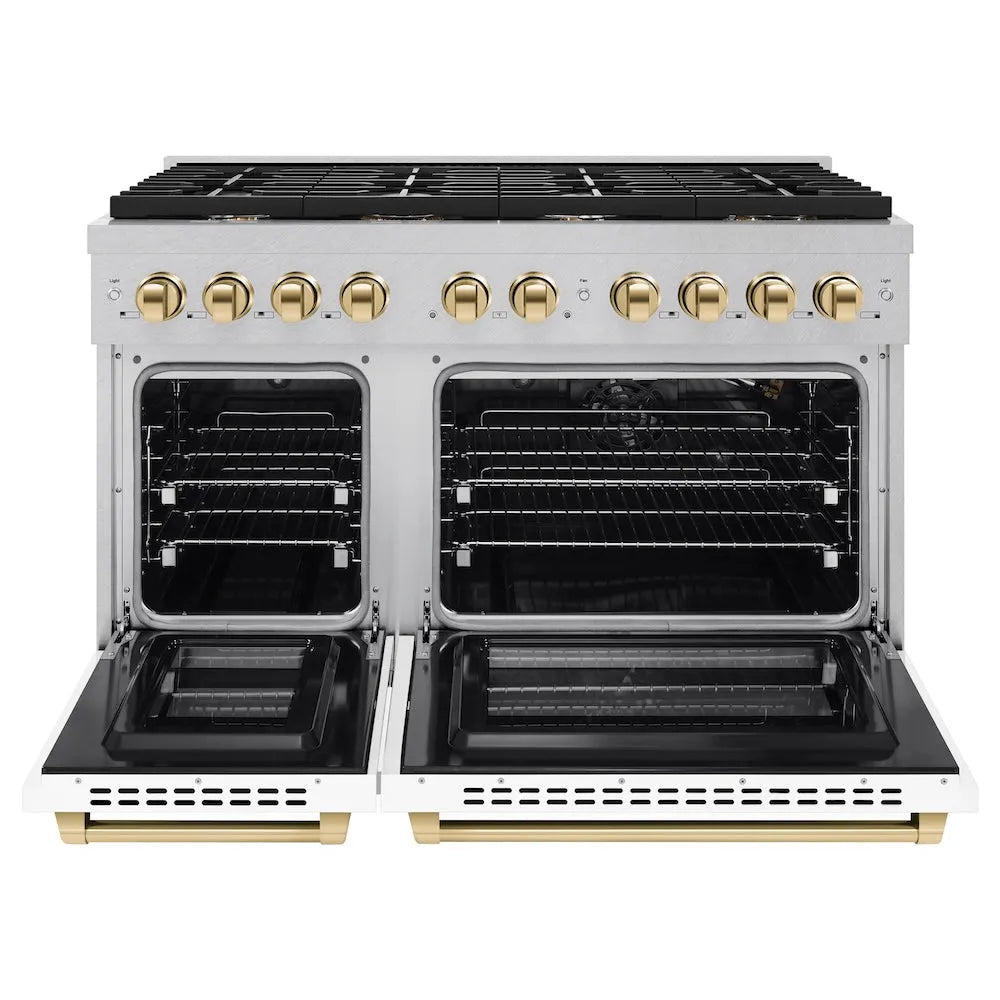 ZLINE Autograph Edition Paramount 48-inch range in satin stainless steel with white matte door and polished gold accents SGRSZ-WM-48-G, front view