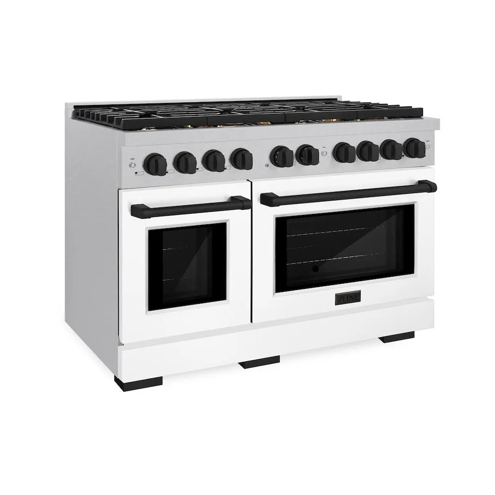 ZLINE Autograph Edition Paramount 48-inch range in satin stainless steel with white matte door and matte black accents SGRSZ-WM-48-MB