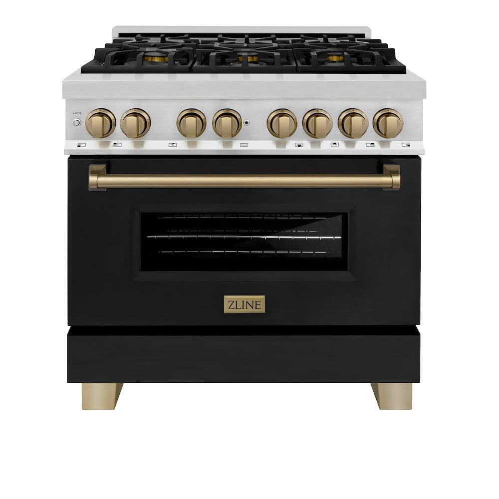 ZLINE Autograph Edition Legacy 36-inch range in stainless steel with black matte door and champagne bronze accents RAZ-BLM-36-CB, front view