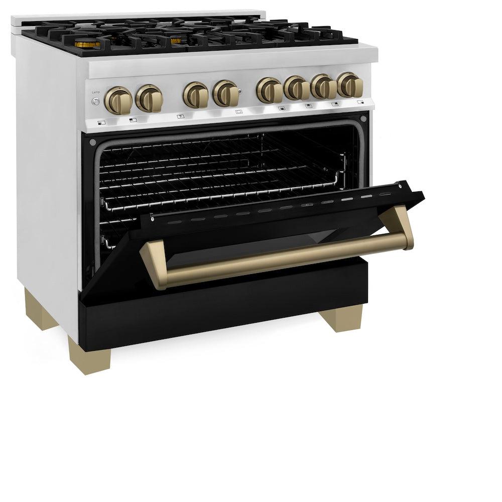 ZLINE Autograph Edition Legacy 36-inch range in stainless steel with black matte door and champagne bronze accents RAZ-BLM-36-CB, door open