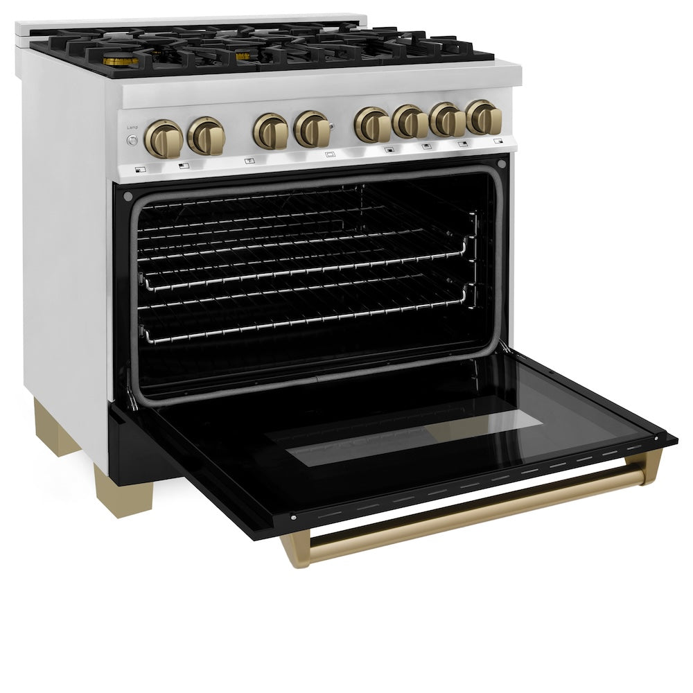 ZLINE Autograph Edition Legacy 36-inch range in stainless steel with black matte door and champagne bronze accents RAZ-BLM-36-CB, door open