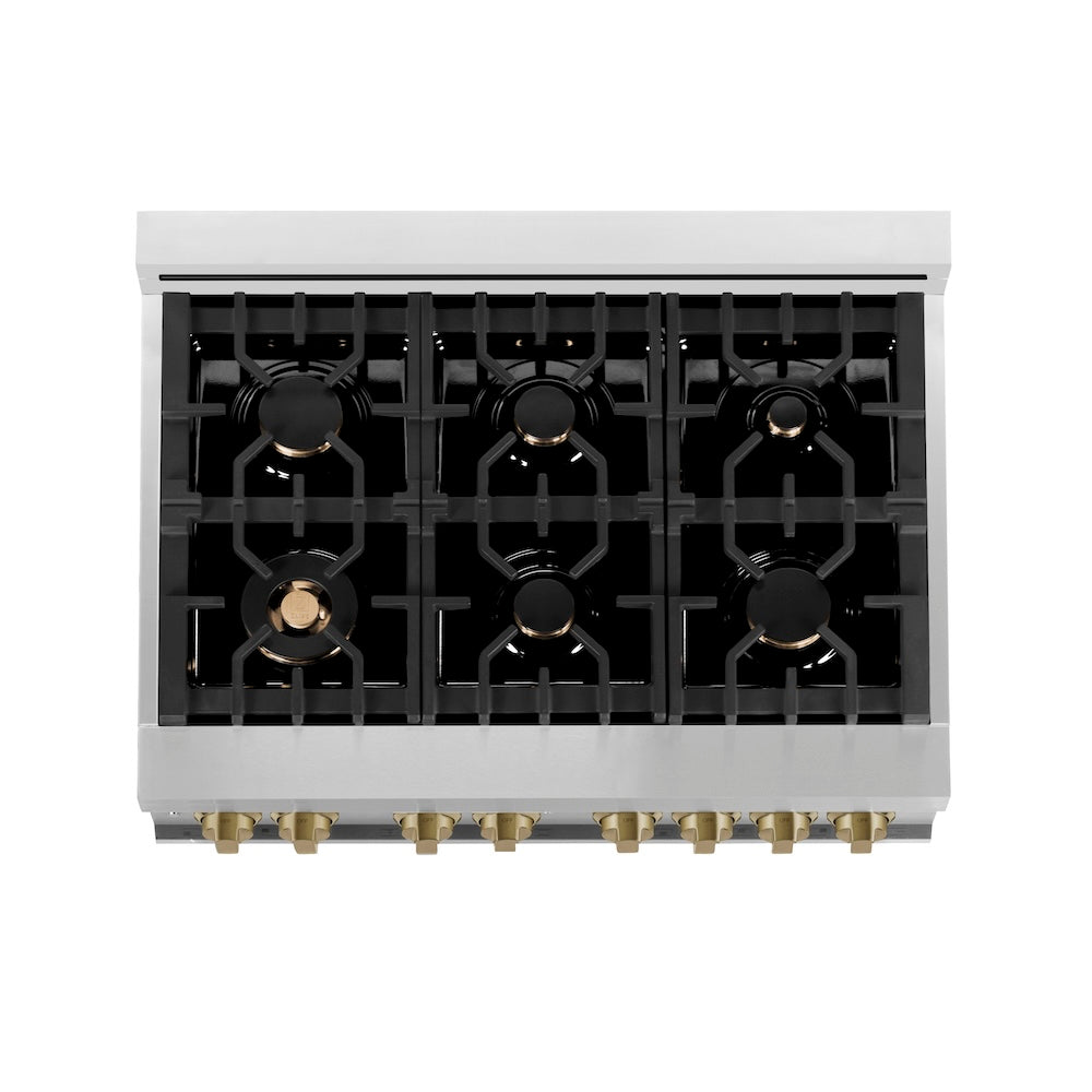 ZLINE Autograph Edition Legacy 36-inch range in stainless steel with black matte door and champagne bronze accents RAZ-BLM-36-CB, from above