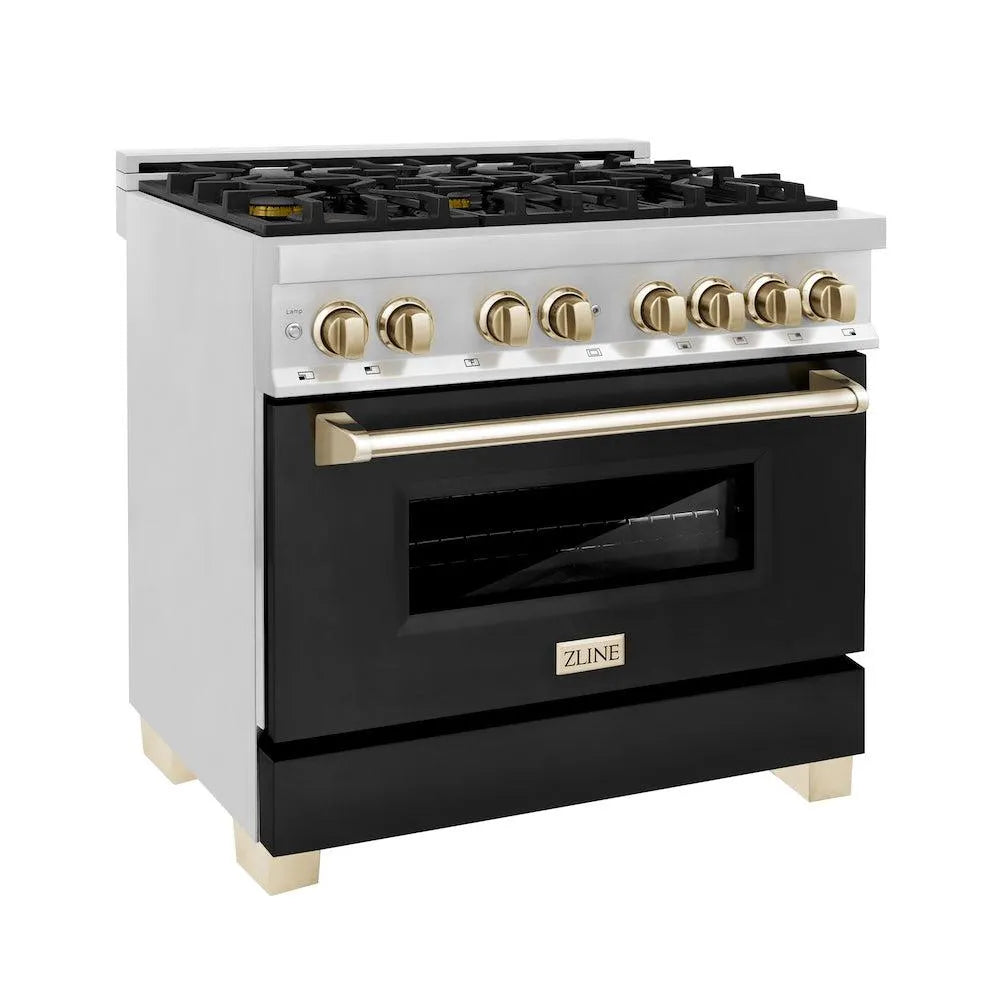 ZLINE Autograph Edition Legacy 36-inch range in stainless steel with black matte door and polished gold accents RAZ-BLM-36-G