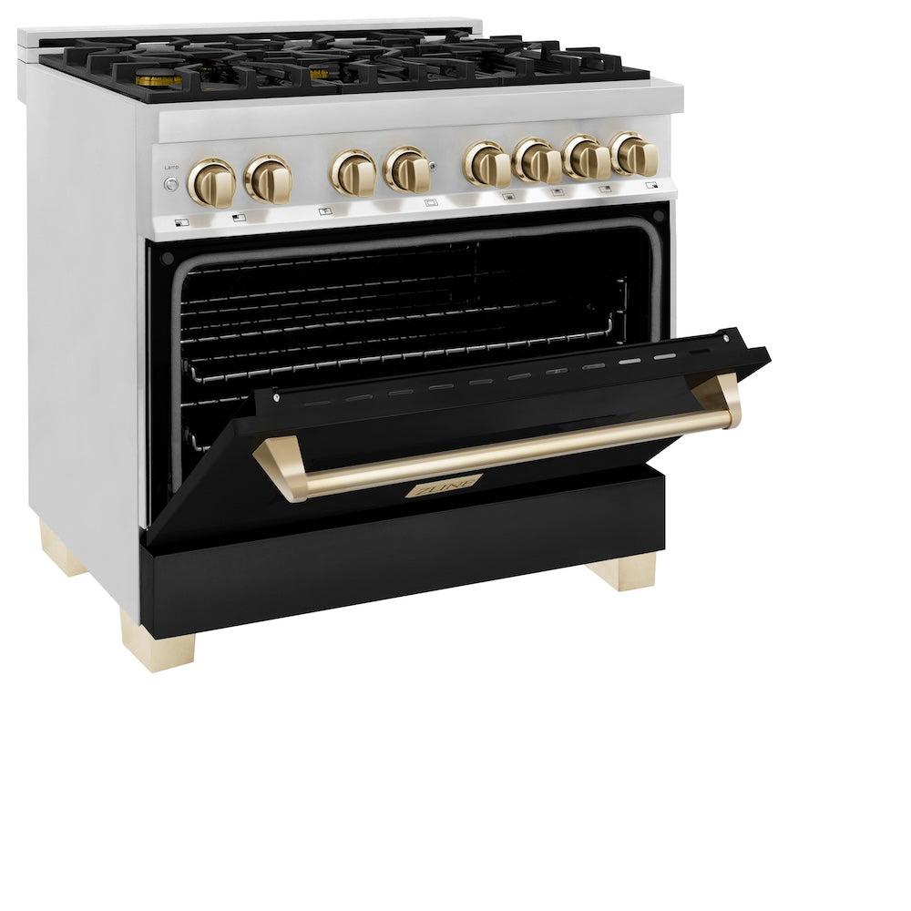 ZLINE Autograph Edition Legacy 36-inch range in stainless steel with black matte door and polished gold accents RAZ-BLM-36-G, door open