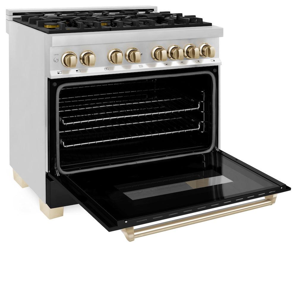 ZLINE Autograph Edition Legacy 36-inch range in stainless steel with black matte door and polished gold accents RAZ-BLM-36-G, door open