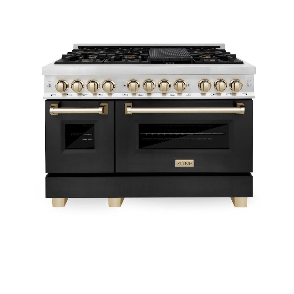 ZLINE Autograph Edition Legacy 48-inch range in stainless steel with black matte door and polished gold accents RAZ-BLM-48-G, front view
