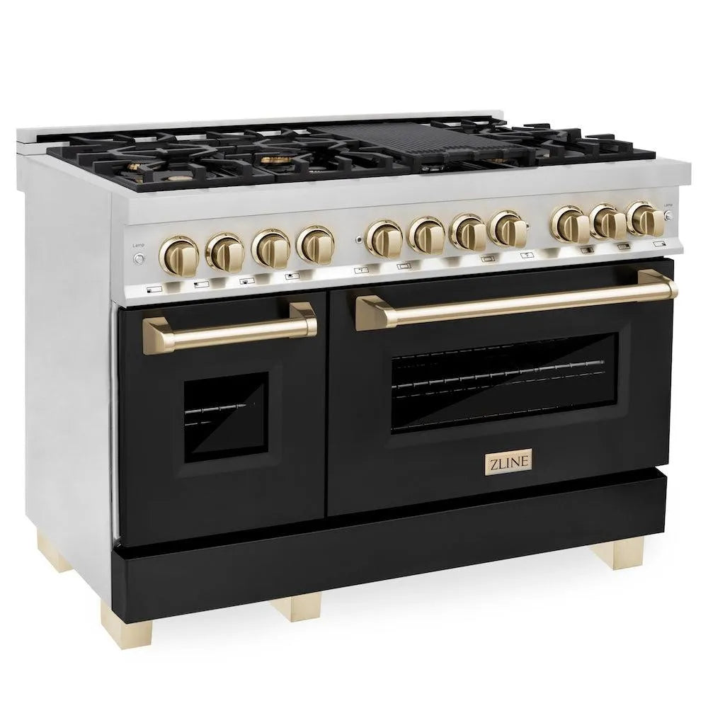 ZLINE Autograph Edition Legacy 48-inch range in stainless steel with black matte door and polished gold accents RAZ-BLM-48-G