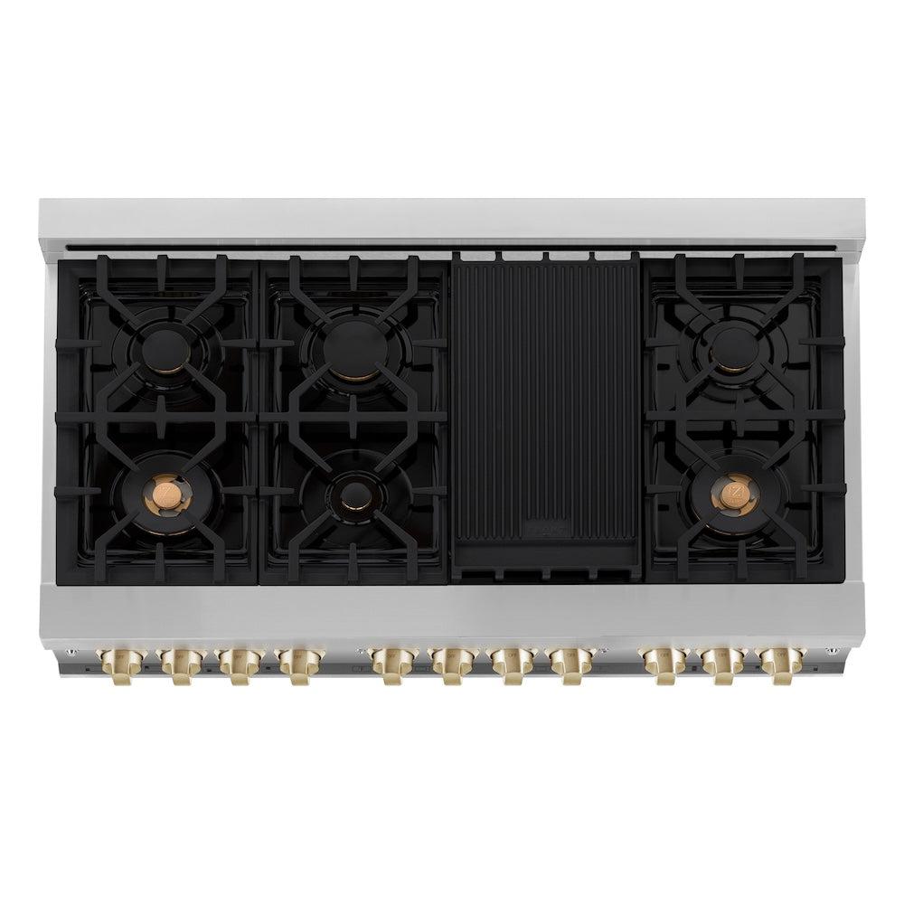 ZLINE Autograph Edition Legacy 48-inch range in stainless steel with black matte door and polished gold accents RAZ-BLM-48-G, from above