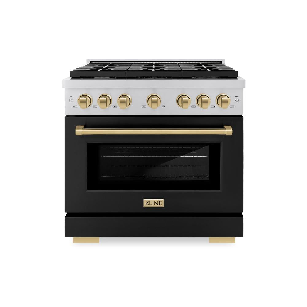 ZLINE Autograph Edition Paramount 36-inch range in stainless steel with black matte door and champagne bronze accents SDRZ-BLM-36-CB, front view