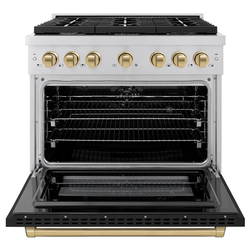 ZLINE Autograph Edition Paramount 36-inch range in stainless steel with black matte door and champagne bronze accents SDRZ-BLM-36-CB, front view