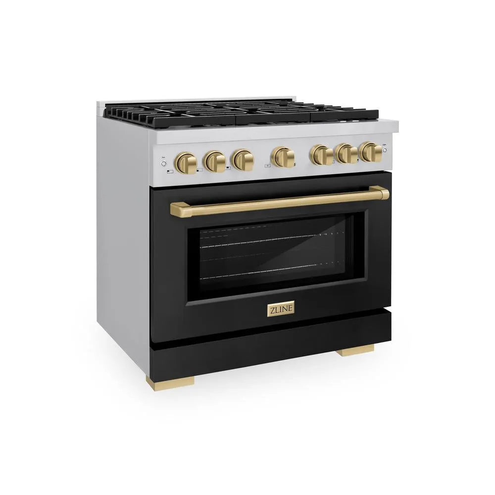 ZLINE Autograph Edition Paramount 36-inch range in stainless steel with black matte door and champagne bronze accents SDRZ-BLM-36-CB