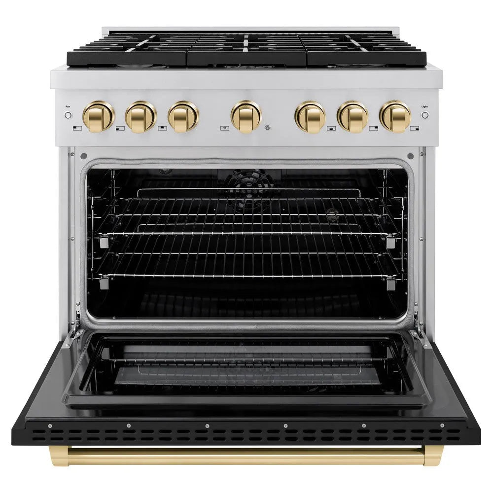 ZLINE Autograph Edition Paramount 36-inch range in stainless steel with black matte door and polished gold accents SDRZ-BLM-36-G, front view