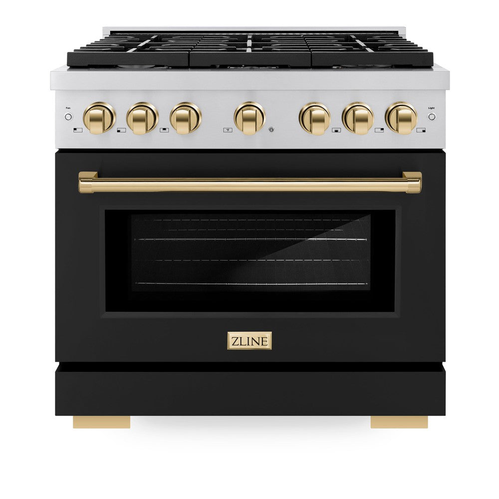 ZLINE Autograph Edition Paramount 36-inch range in stainless steel with black matte door and polished gold accents SDRZ-BLM-36-G, front view
