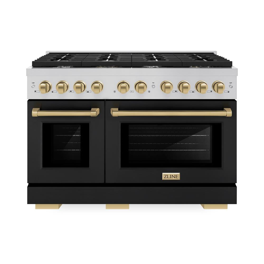 ZLINE Autograph Edition Paramount 48-inch range in stainless steel with black matte door and champagne bronze accents SDRZ-BLM-48-CB, front view