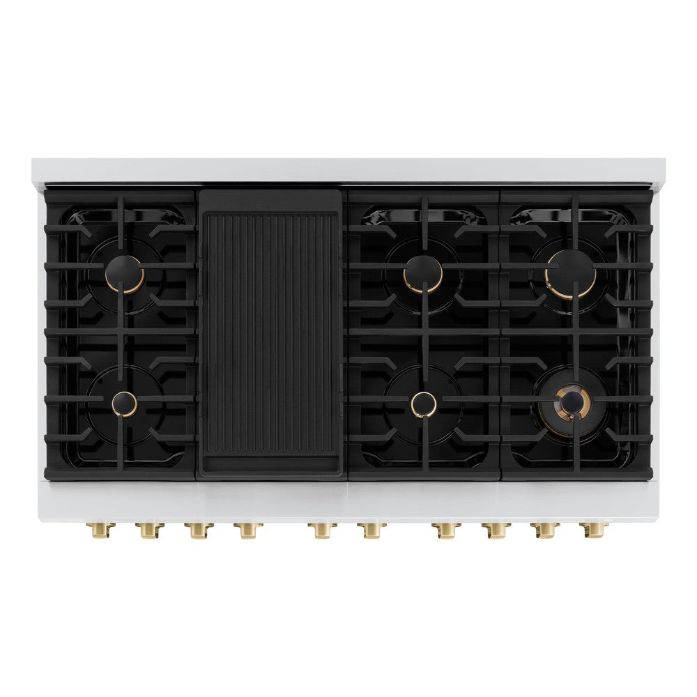 ZLINE Autograph Edition Paramount 48-inch range in stainless steel with black matte door and champagne bronze accents SDRZ-BLM-48-CB, from above
