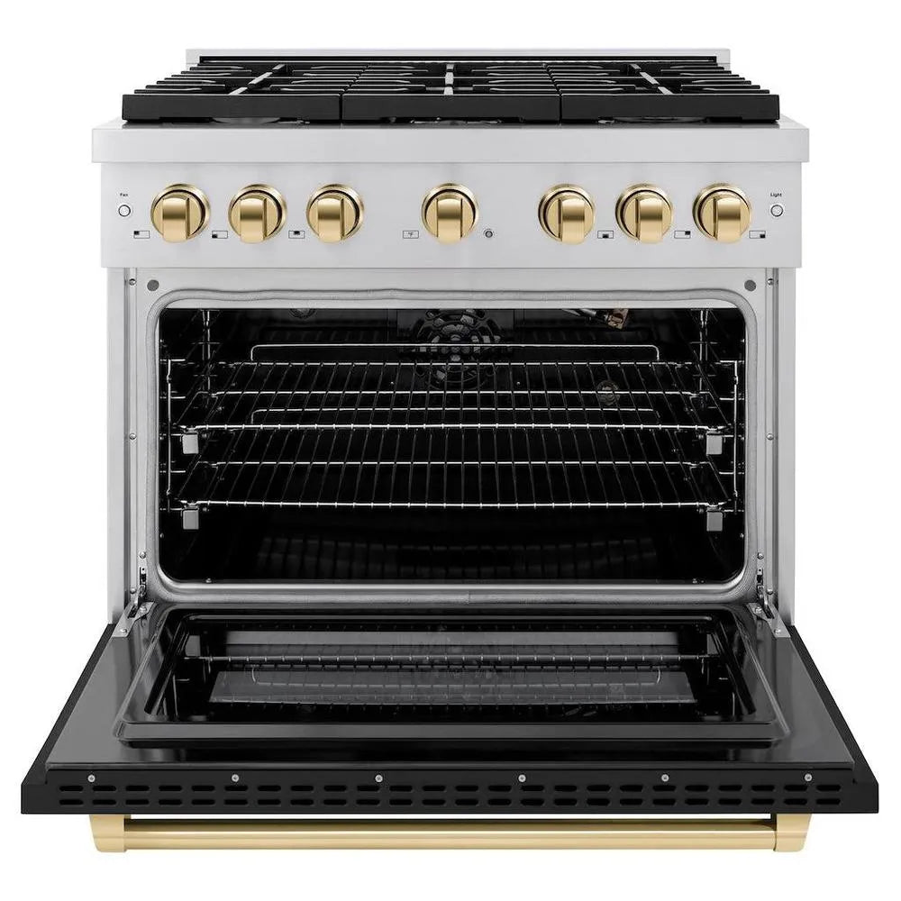 ZLINE Autograph Edition Paramount 36-inch range in stainless steel with black matte door and polished gold accents SGRZ-BLM-36-G, front view