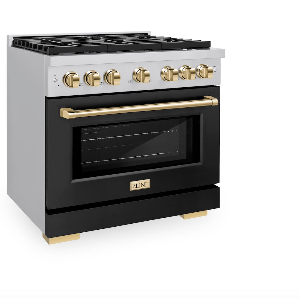 ZLINE Autograph Edition Paramount 36-inch range in stainless steel with black matte door and polished gold accents SGRZ-BLM-36-G, view 3