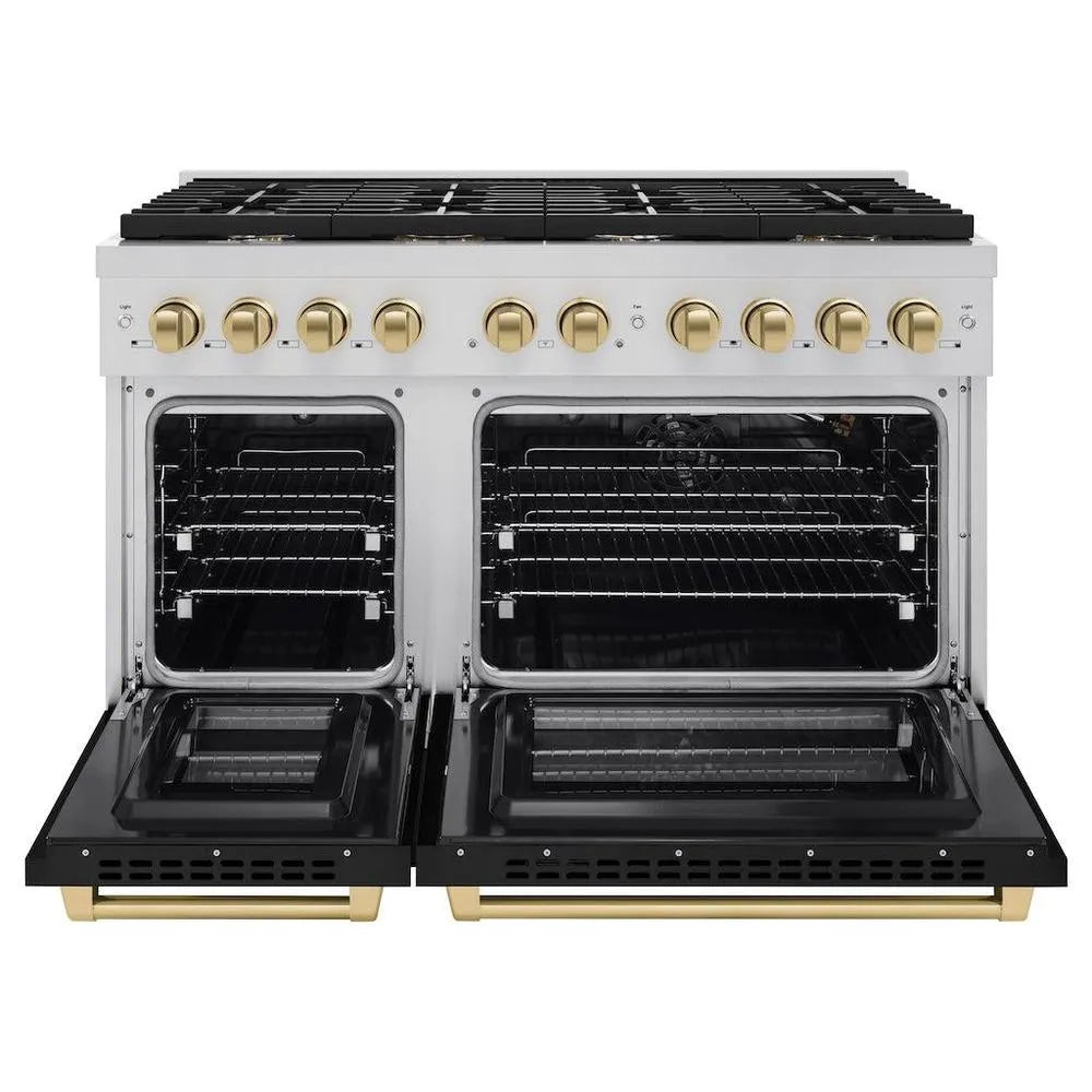 ZLINE Autograph Edition Paramount 48-inch range in stainless steel with black matte door and champagne bronze accents SGRZ-BLM-48-CB, front view