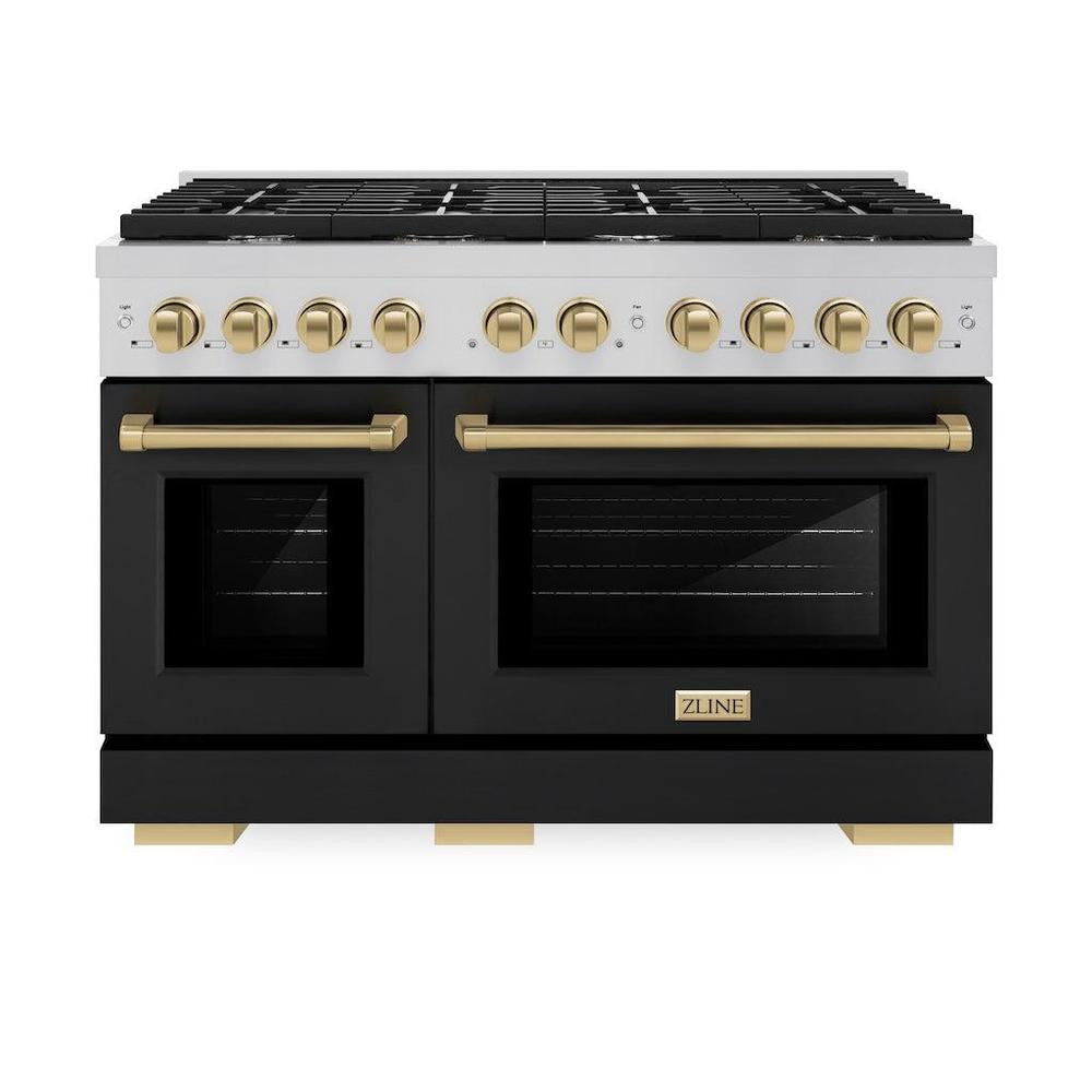 ZLINE Autograph Edition Paramount 48-inch range in stainless steel with black matte door and champagne bronze accents SGRZ-BLM-48-CB, front view