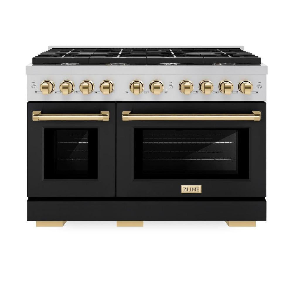 ZLINE Autograph Edition Paramount 48-inch range in stainless steel with black matte door and polished gold accents SGRZ-BLM-48-G, front view