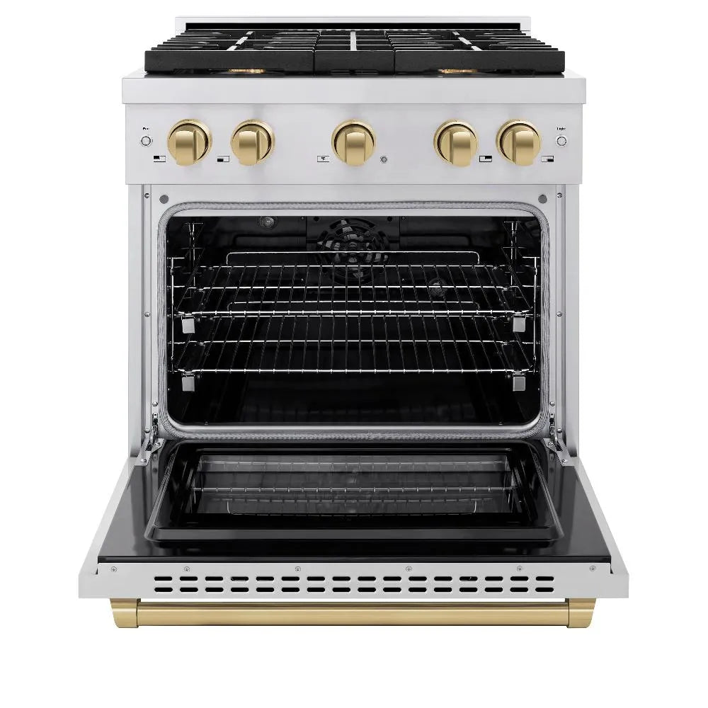 ZLINE Autograph Edition Paramount 30-inch range in stainless steel and champagne bronze accents SDRZ-30-CB, front view