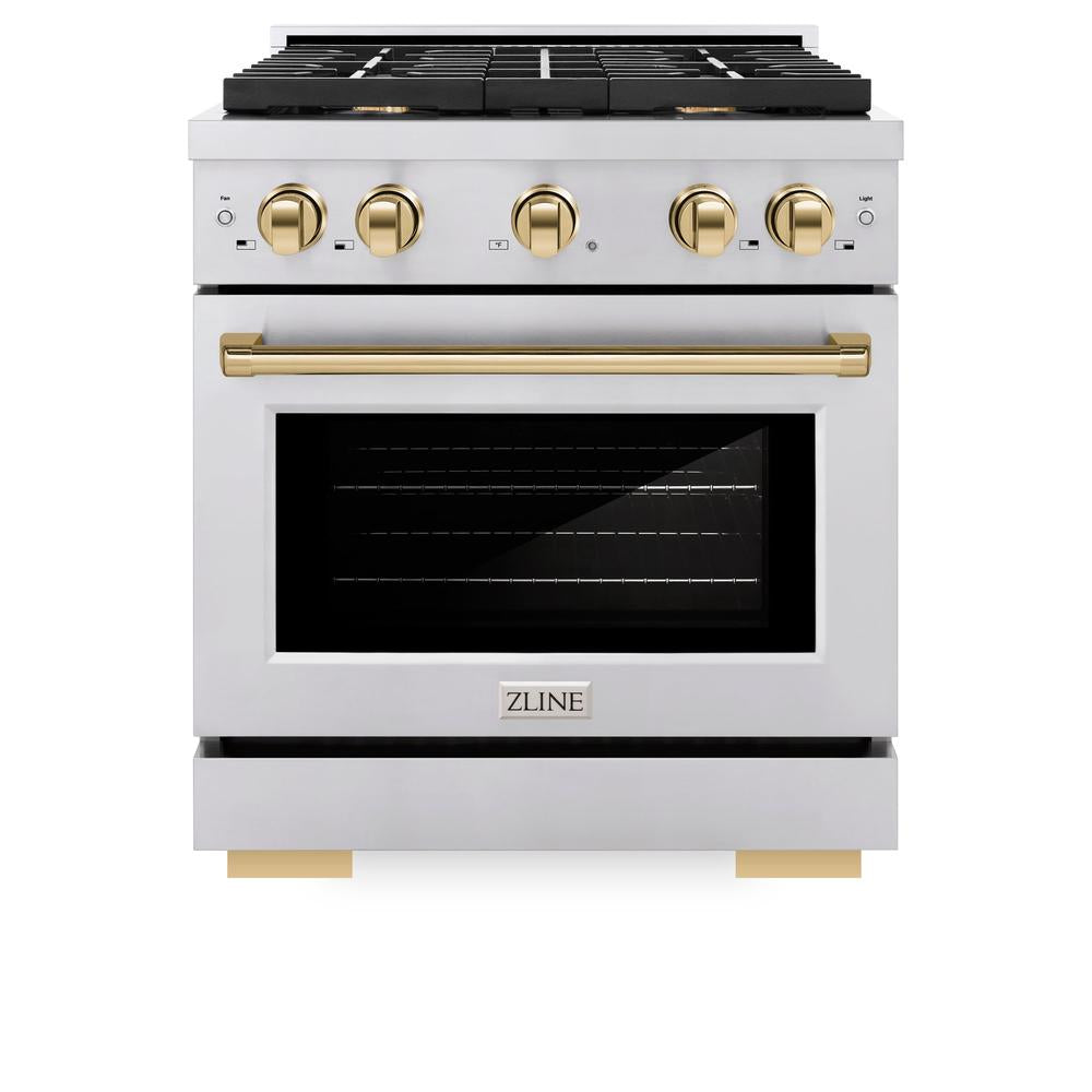 ZLINE Autograph Edition Paramount 30-inch range in stainless steel and polished gold accents SDRZ-30-G, front view