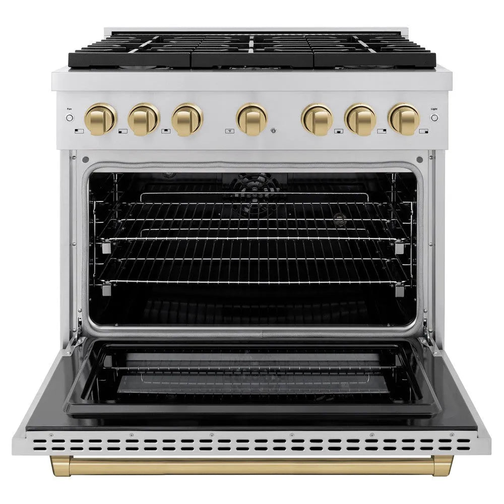 ZLINE Autograph Edition Paramount 36-inch range in stainless steel and champagne bronze accents SDRZ-36-CB, front view