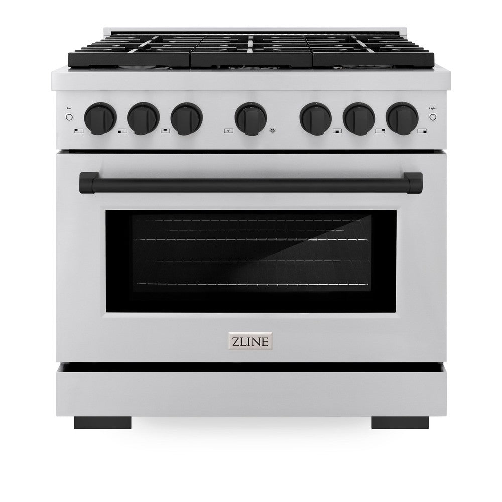 ZLINE Autograph Edition Paramount 36-inch range in stainless steel and matte black accents SDRZ-36-MB, front view