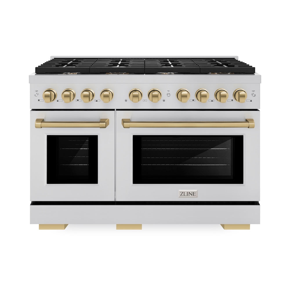 ZLINE Autograph Edition Paramount 48-inch range in stainless steel and champagne bronze accents SDRZ-48-CB, front view