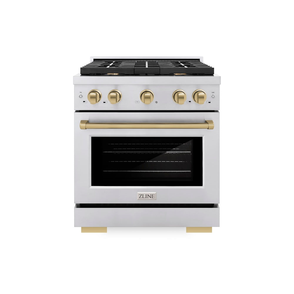 ZLINE Autograph Edition Paramount 30-inch range in stainless steel and champagne bronze accents SGRZ-30-CB, front view