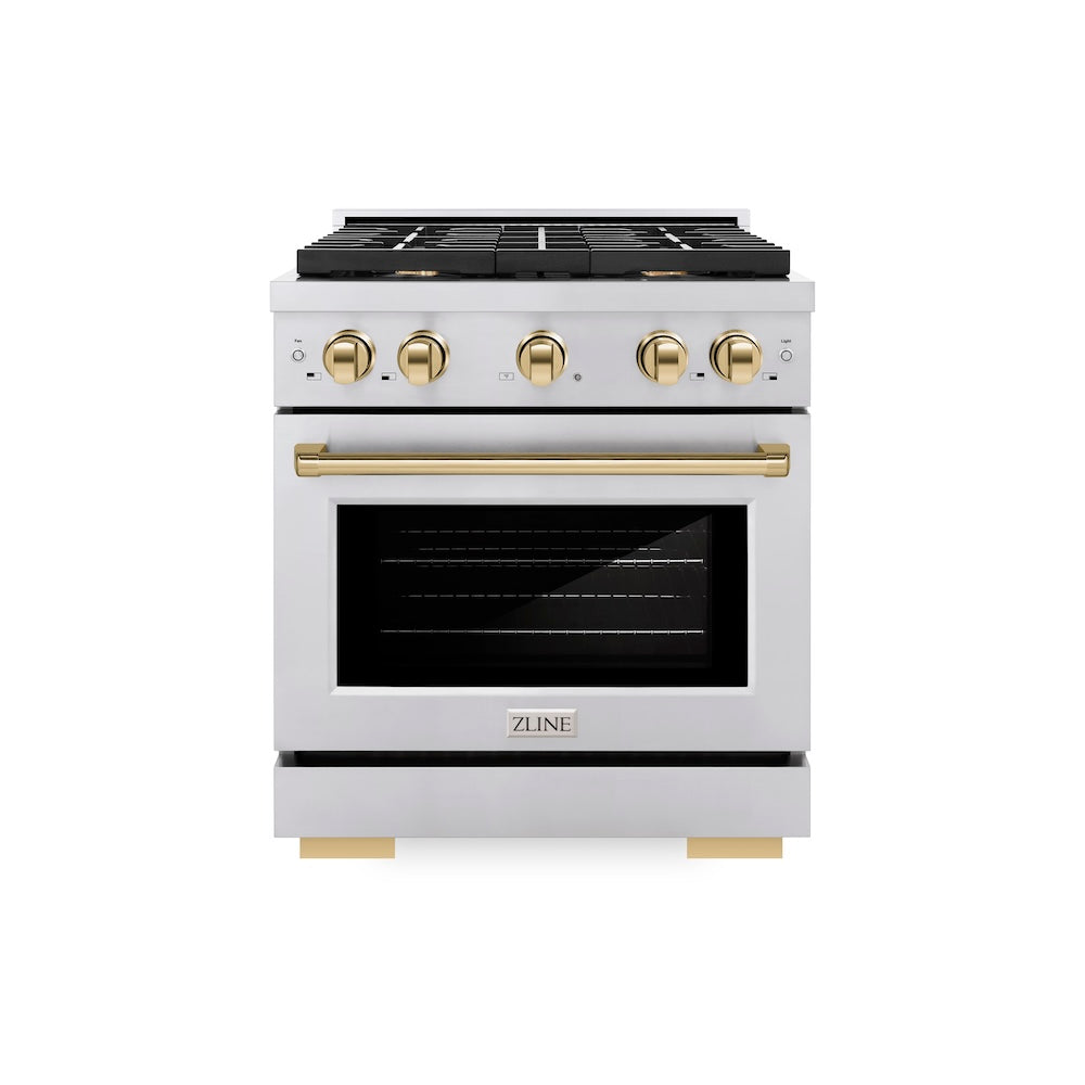 ZLINE Autograph Edition Paramount 30-inch range in stainless steel and polished gold accents SGRZ-30-G, front view