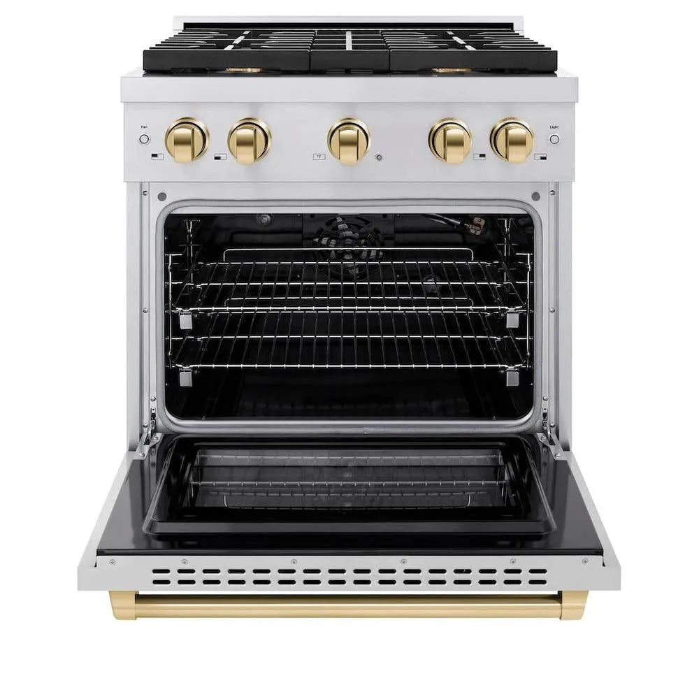 ZLINE Autograph Edition Paramount 30-inch range in stainless steel and polished gold accents SGRZ-30-G, front view