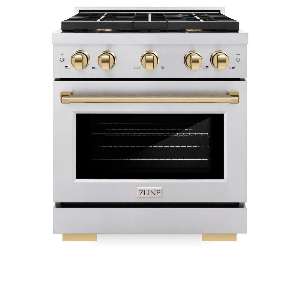 ZLINE Autograph Edition Paramount 30-inch range in stainless steel and polished gold accents SGRZ-30-G, front view