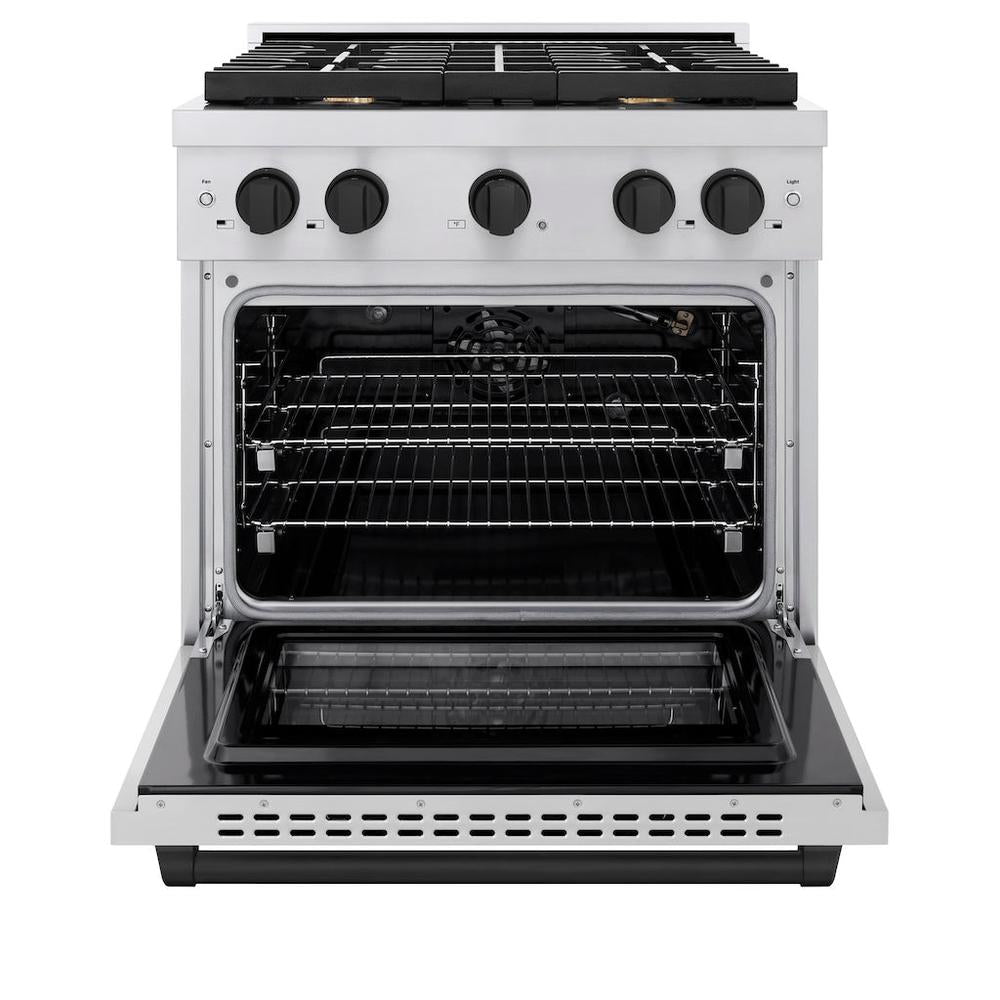 ZLINE Autograph Edition Paramount 30-inch range in stainless steel and matte black accents SGRZ-30-MB, front view